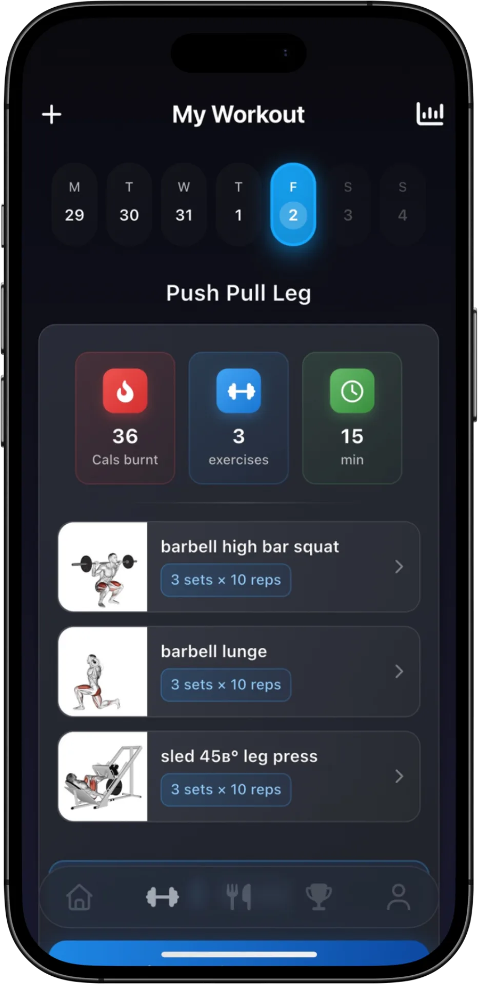 workout tracker app — FitFlow app screen